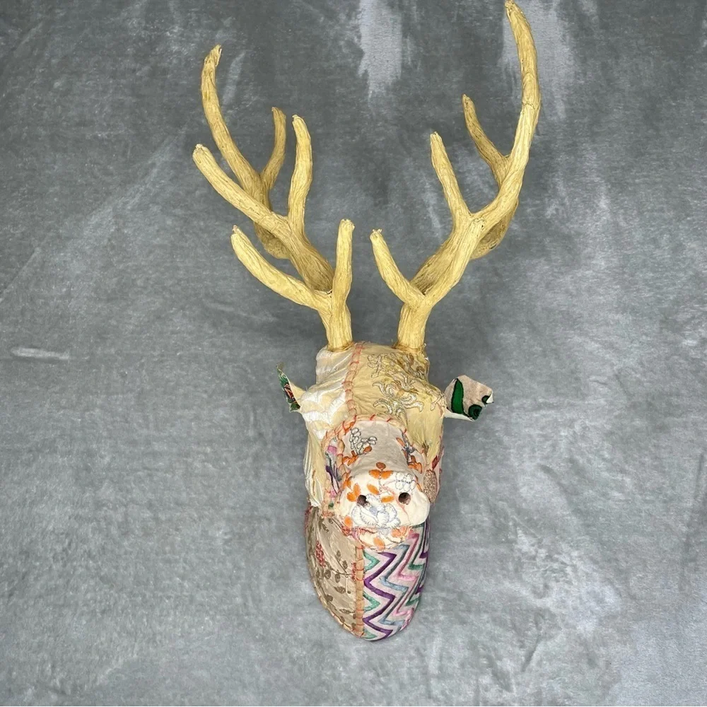 Faux Kantha Patchwork Deer Stag Fabric Covered Wall Decor Gold Antlers Boho